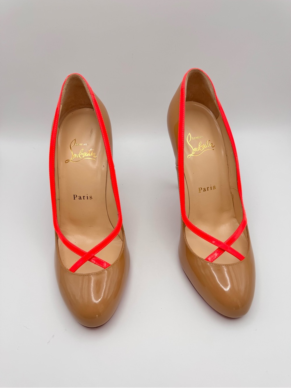 Christian Louboutin Patent Nude Red Trim 100mm Pumps Heels EU 37